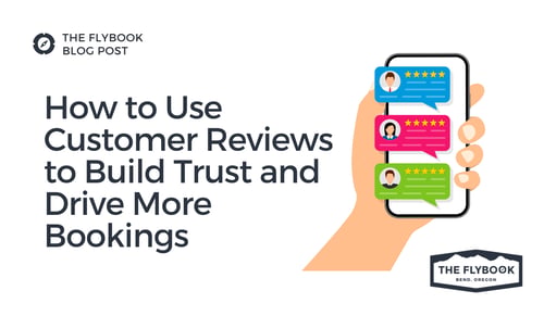 Image of person holding phone with cartoon like reviews with stars. Title in text beside image saying "how to use customer reviews to build trust and drive more bookings
